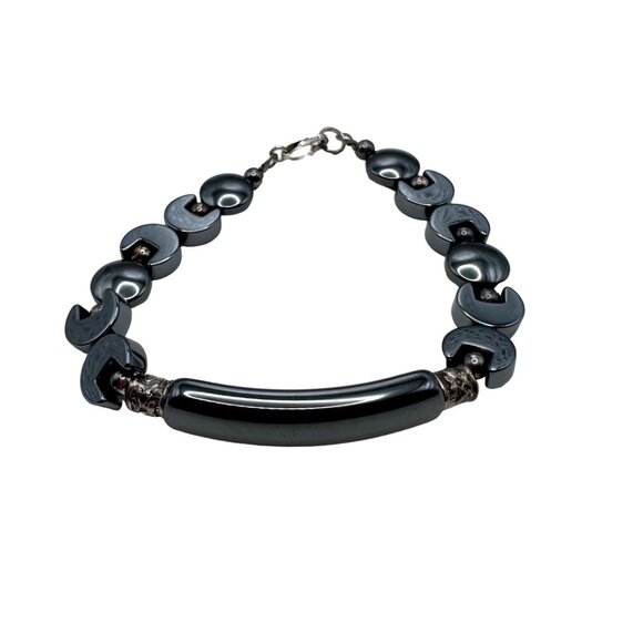 Bracelet Hematite 925 Sterling Silver Clasp Black Dark Gray 7.5" Natural Stone - Picture 1 of 8